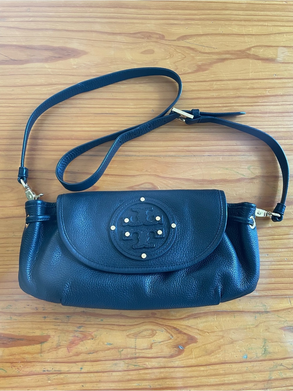 Tory Burch Black Pebbled Leather Embossed Logo Crossbody with Gold Hardware